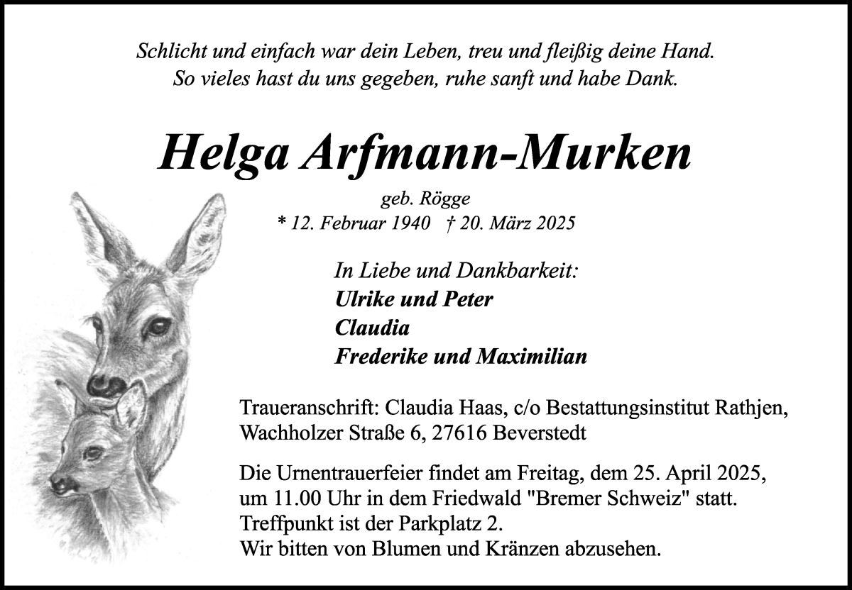 Traueranzeige von Helga Arfmann-Murken von Osterholzer Kreisblatt