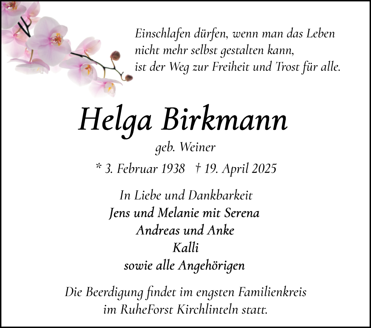 Traueranzeige von Helga Birkmann von WESER-KURIER