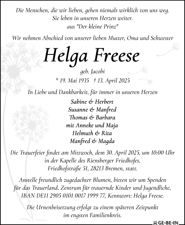 Traueranzeige von Helga Freese von WESER-KURIER