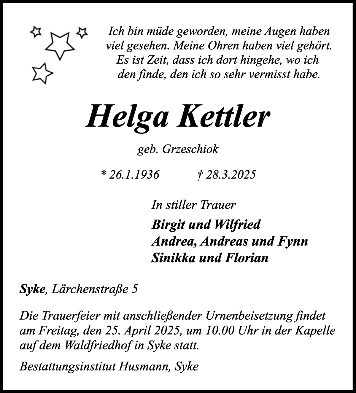 Traueranzeige von Helga Kettler von WESER-KURIER