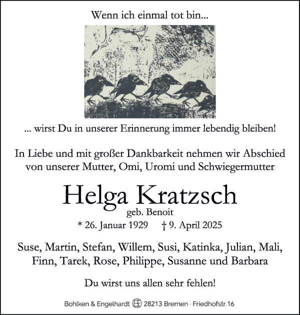 Traueranzeige von Helga Kratsch von WESER-KURIER