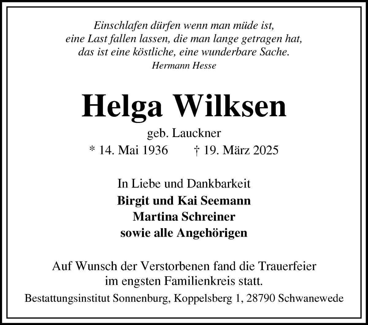 Traueranzeige von Helga Wilksen von Die Norddeutsche