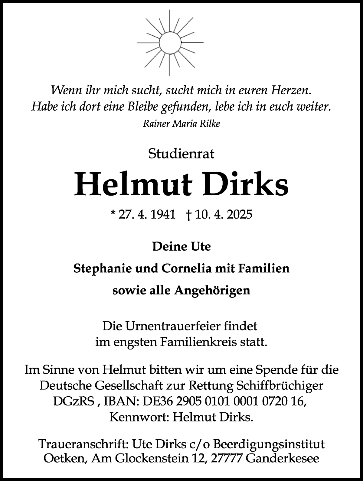 Traueranzeige von Helmut Dirks von WESER-KURIER