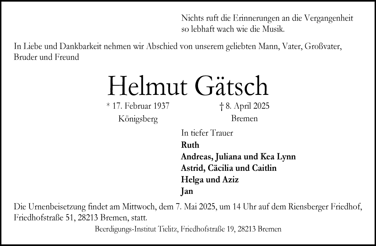 Traueranzeige von Helmut Gätsch von WESER-KURIER