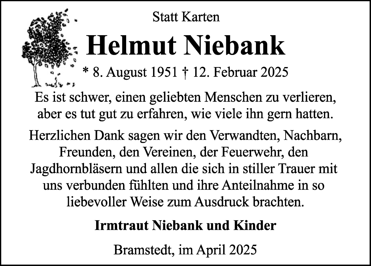 Traueranzeige von Helmut Niebank von Osterholzer Kreisblatt
