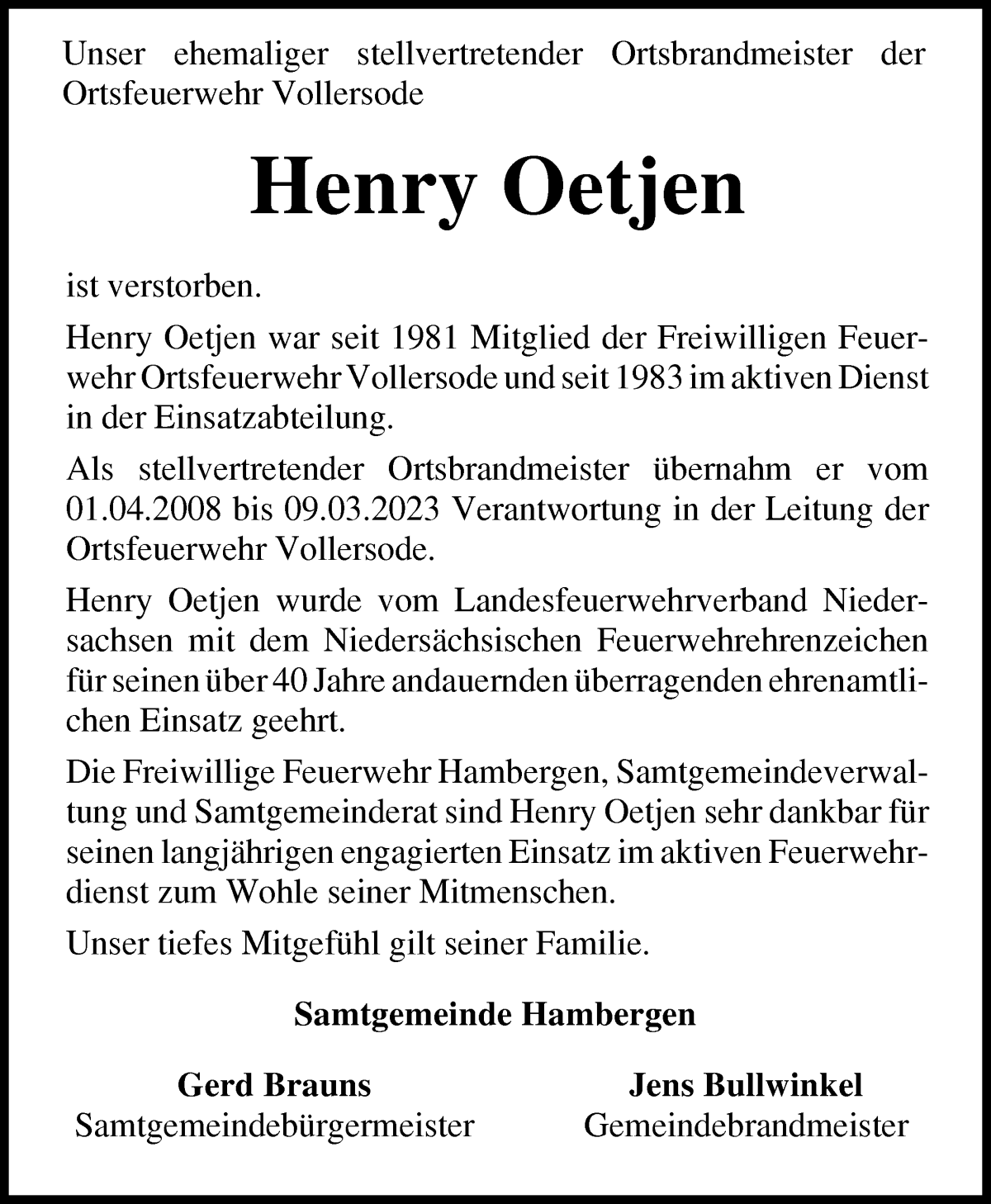 Traueranzeige von Henry Oetjen von Osterholzer Kreisblatt