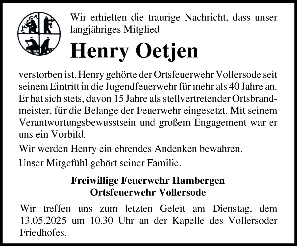 Traueranzeige von Henry Oetjen von Osterholzer Kreisblatt