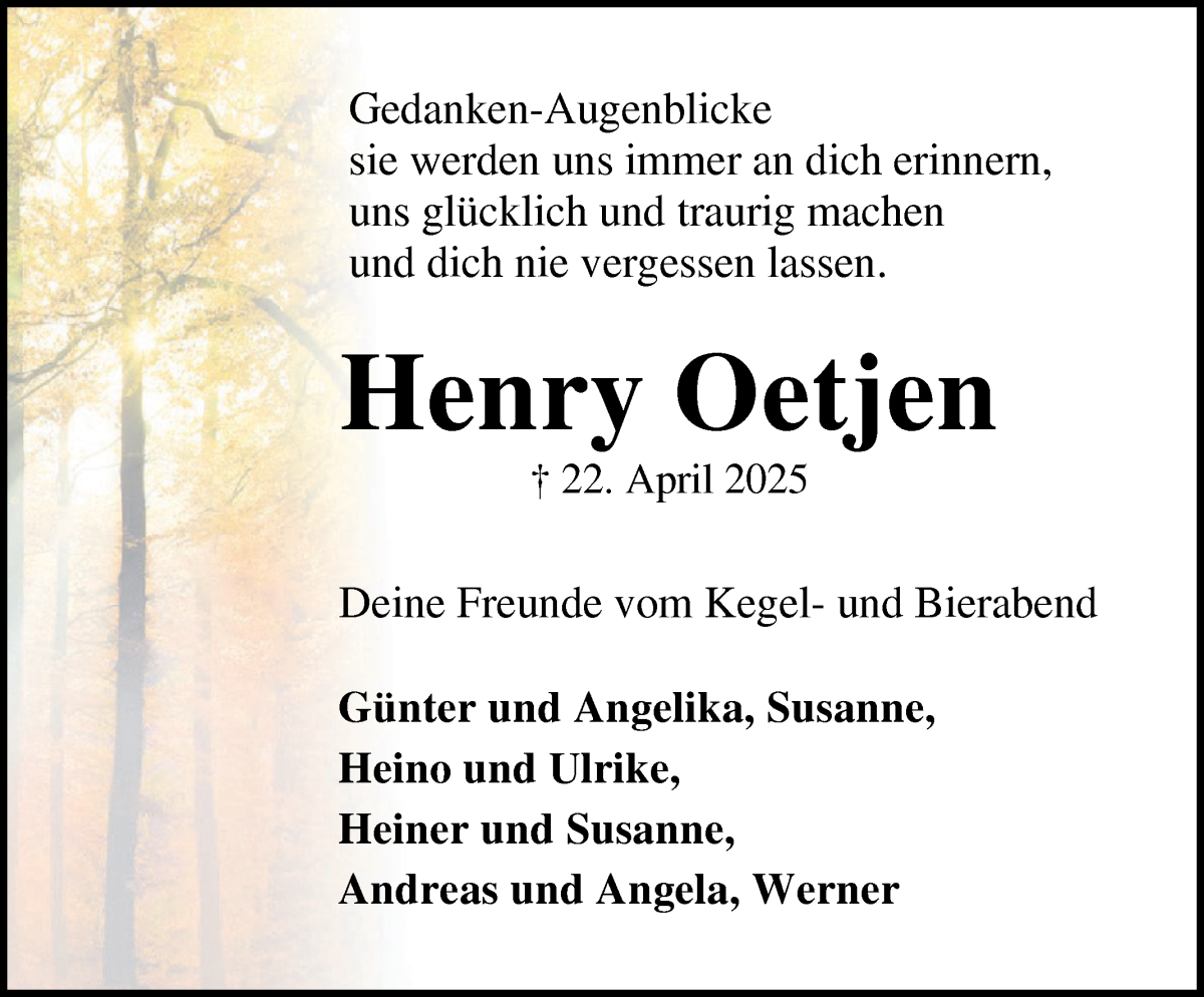 Traueranzeige von Henry Oetjen von Osterholzer Kreisblatt