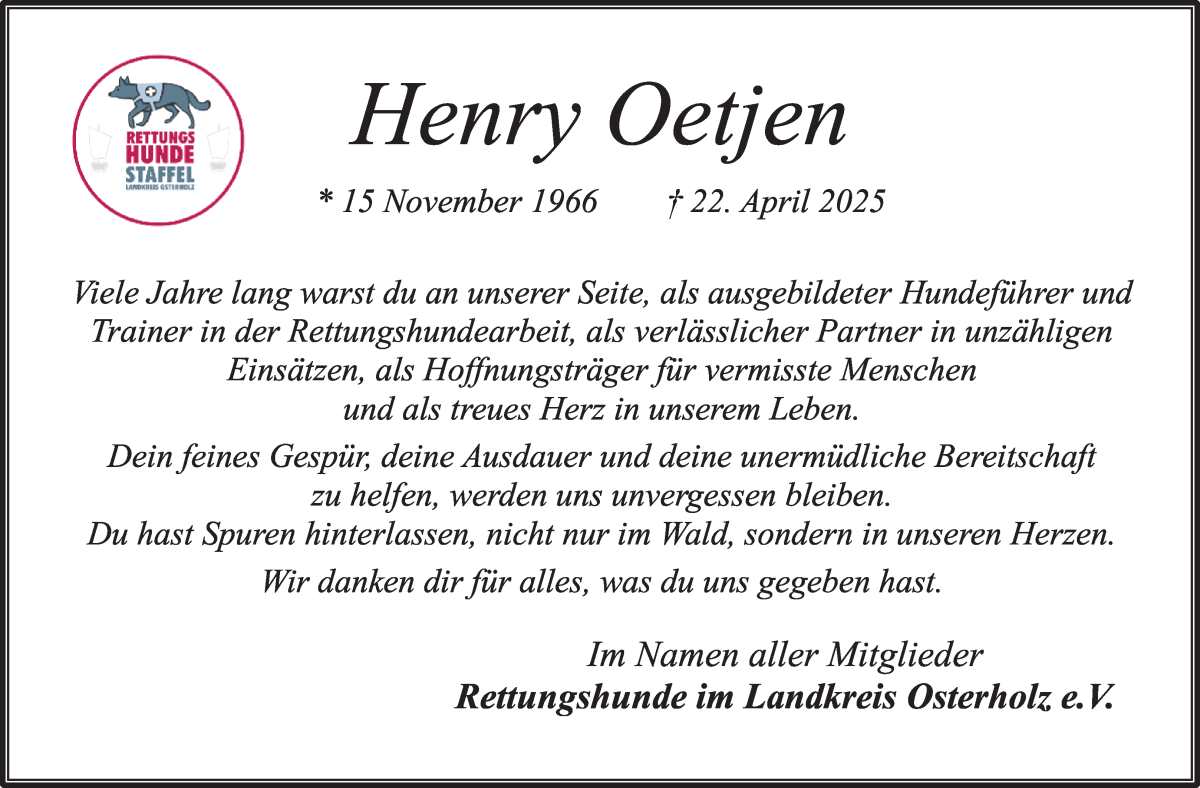 Traueranzeige von Henry Oetjen von Osterholzer Kreisblatt