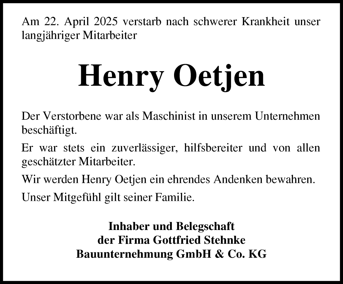 Traueranzeige von Henry Oetjen von Osterholzer Kreisblatt