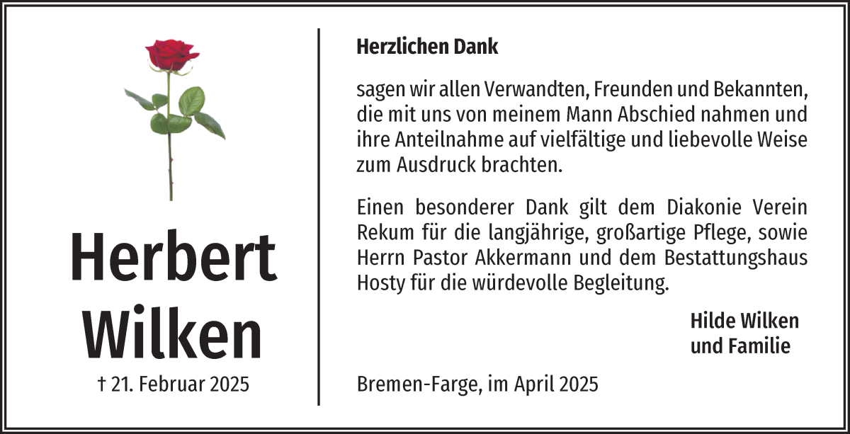 Traueranzeige von Herbert Wilken von Die Norddeutsche