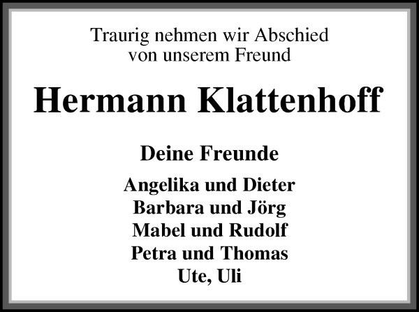 Traueranzeige von Hermann Klattenhoff von WESER-KURIER