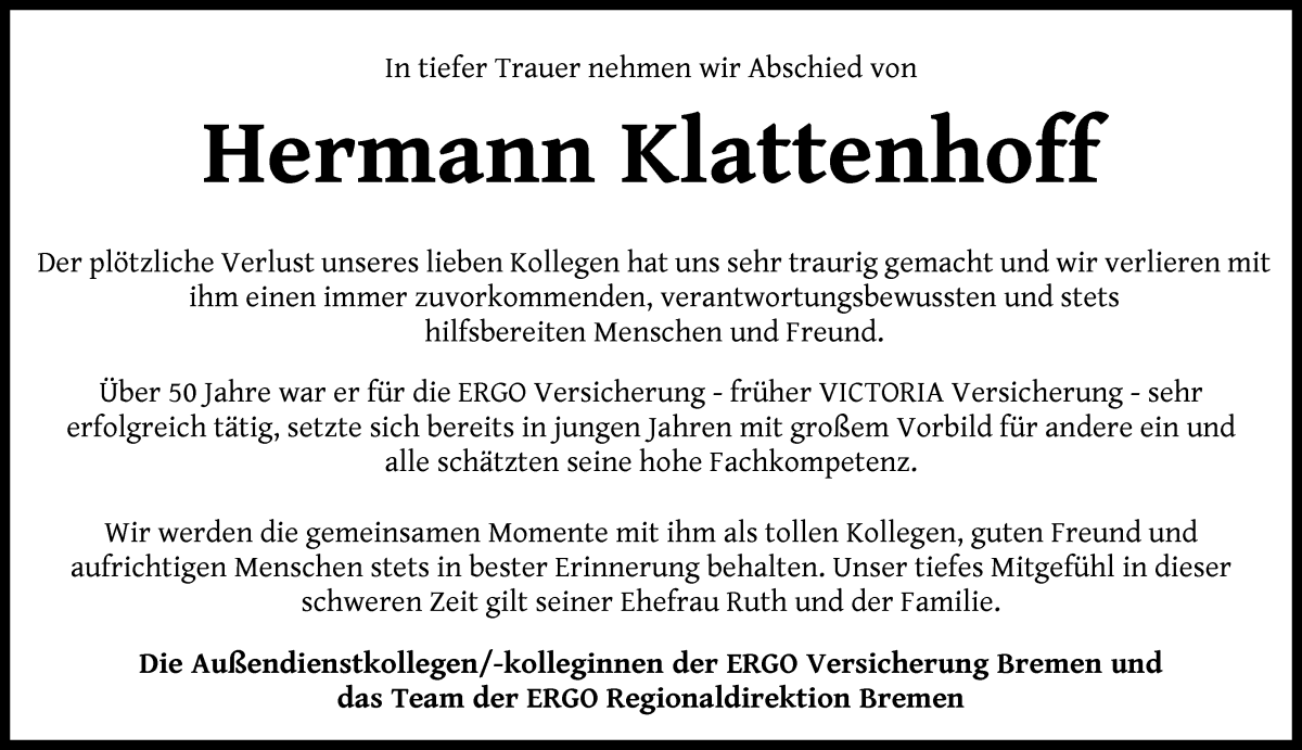 Traueranzeige von Hermann Klattenhoff von WESER-KURIER