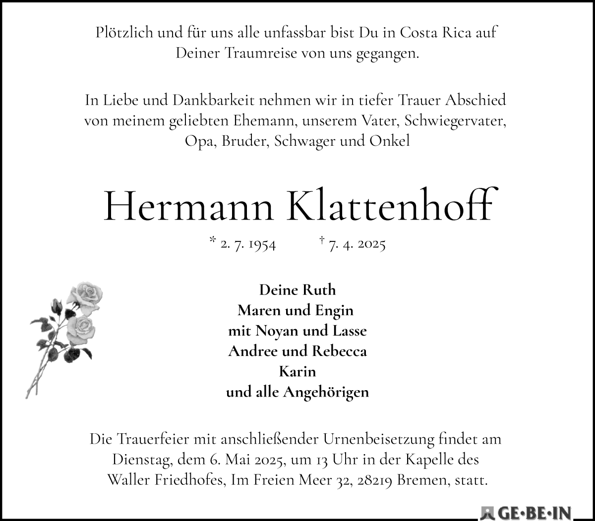 Traueranzeige von Hermann Klattenhoff von WESER-KURIER
