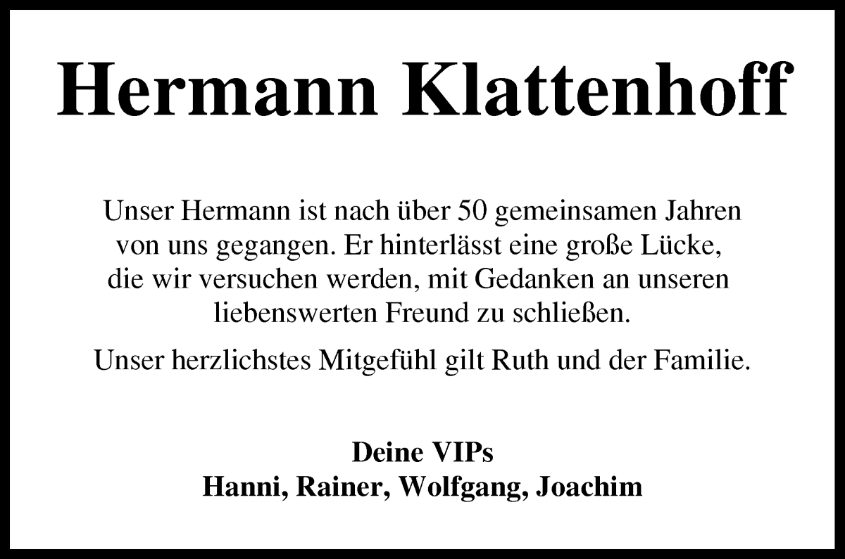 Traueranzeige von Hermann Klattenhoff von WESER-KURIER