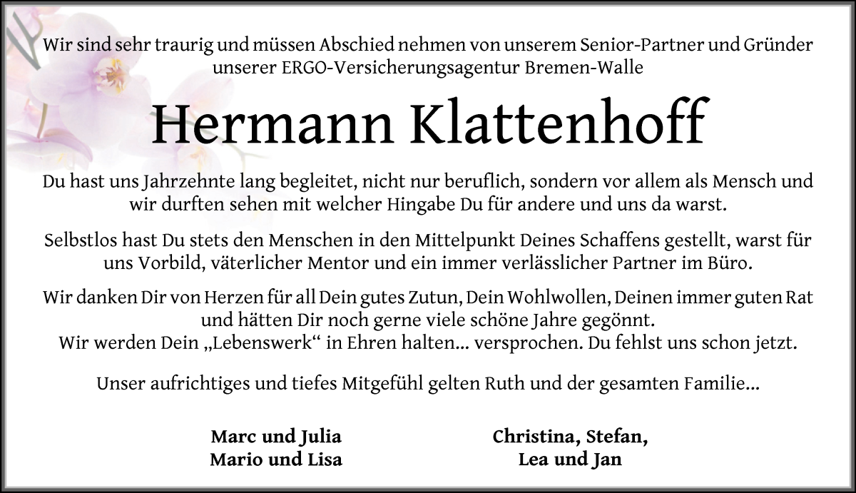 Traueranzeige von Hermann Klattenhoff von WESER-KURIER