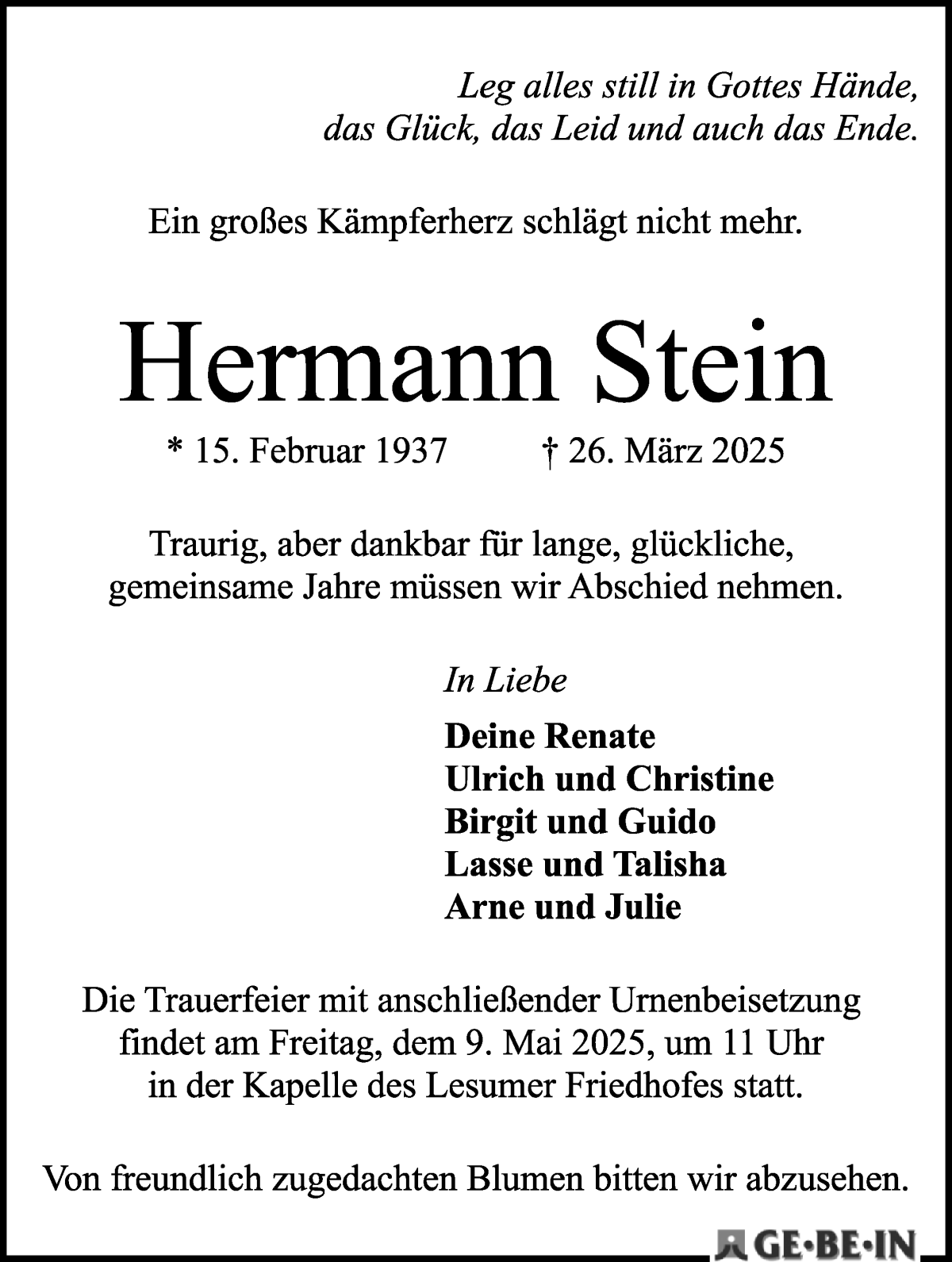 Traueranzeige von Hermann Stein von WESER-KURIER