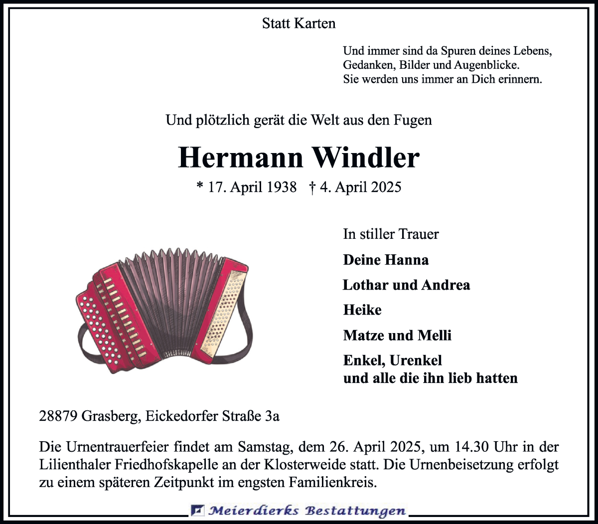 Traueranzeige von Hermann Windler von Wuemme Zeitung