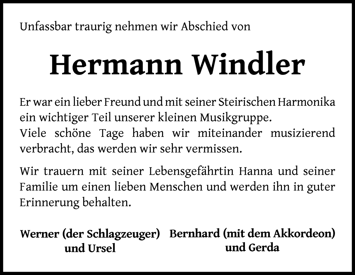 Traueranzeige von Hermann Windler von Wuemme Zeitung