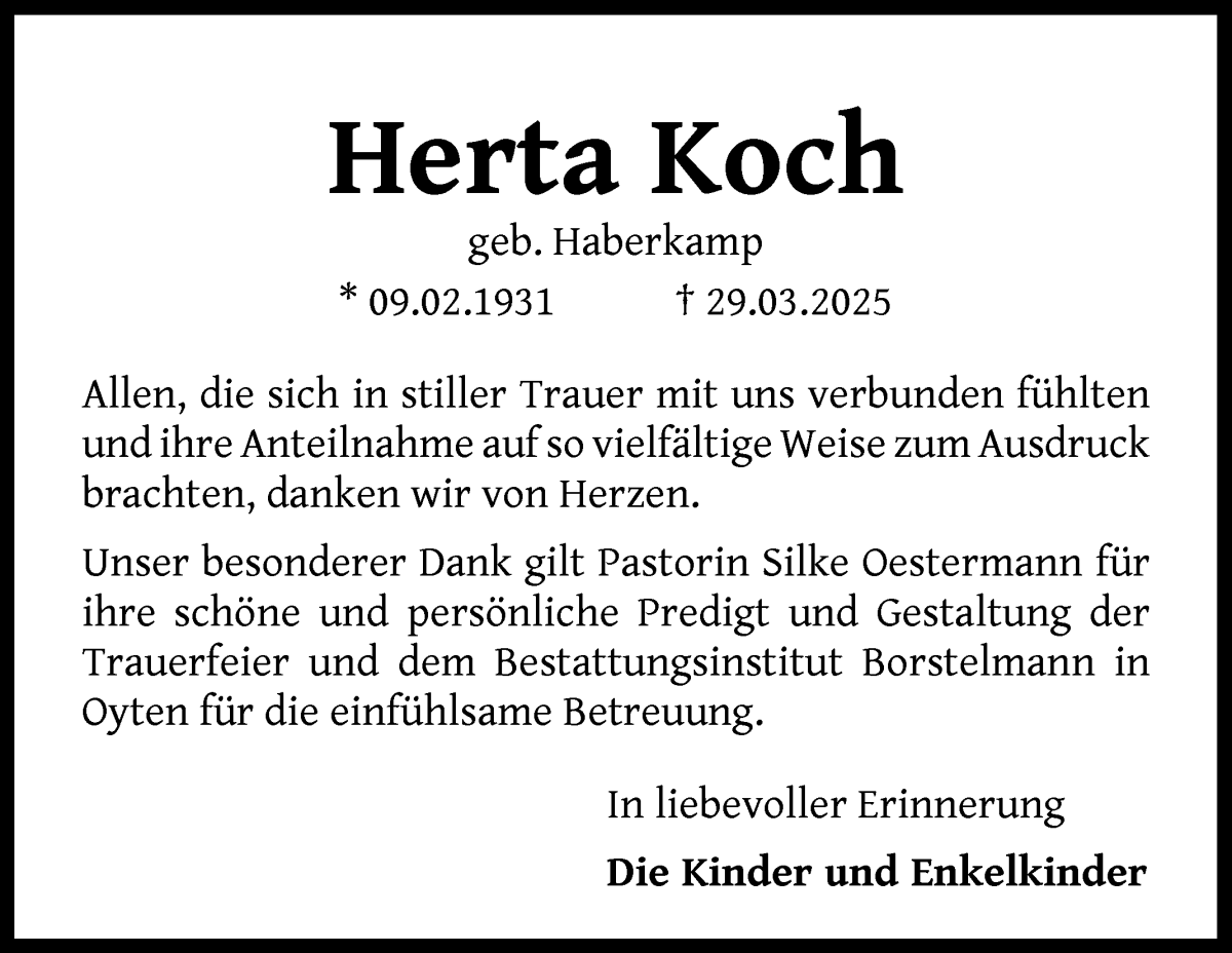 Traueranzeige von Herta Koch von Achimer Kurier/Verdener Nachrichten