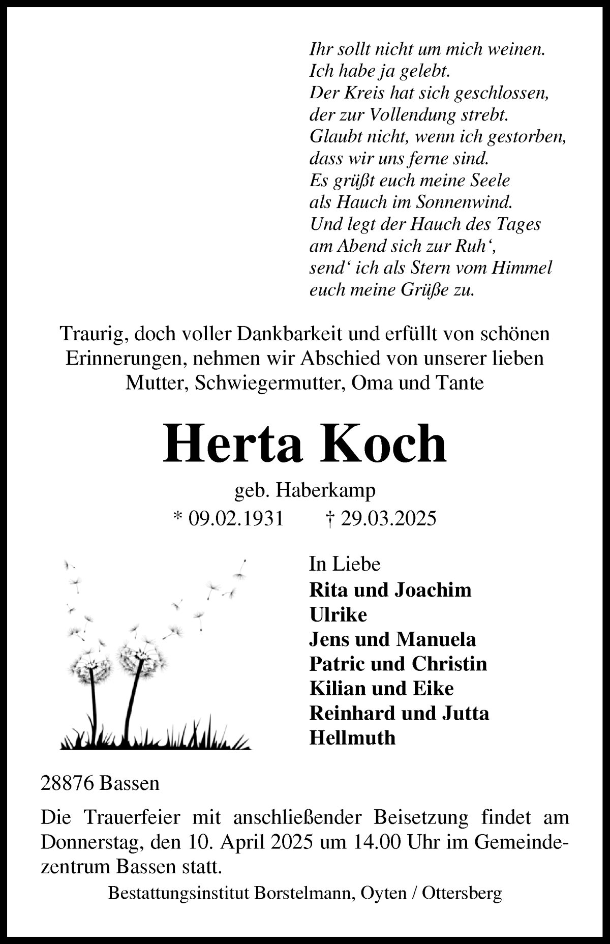 Traueranzeige von Herta Koch von Achimer Kurier/Verdener Nachrichten