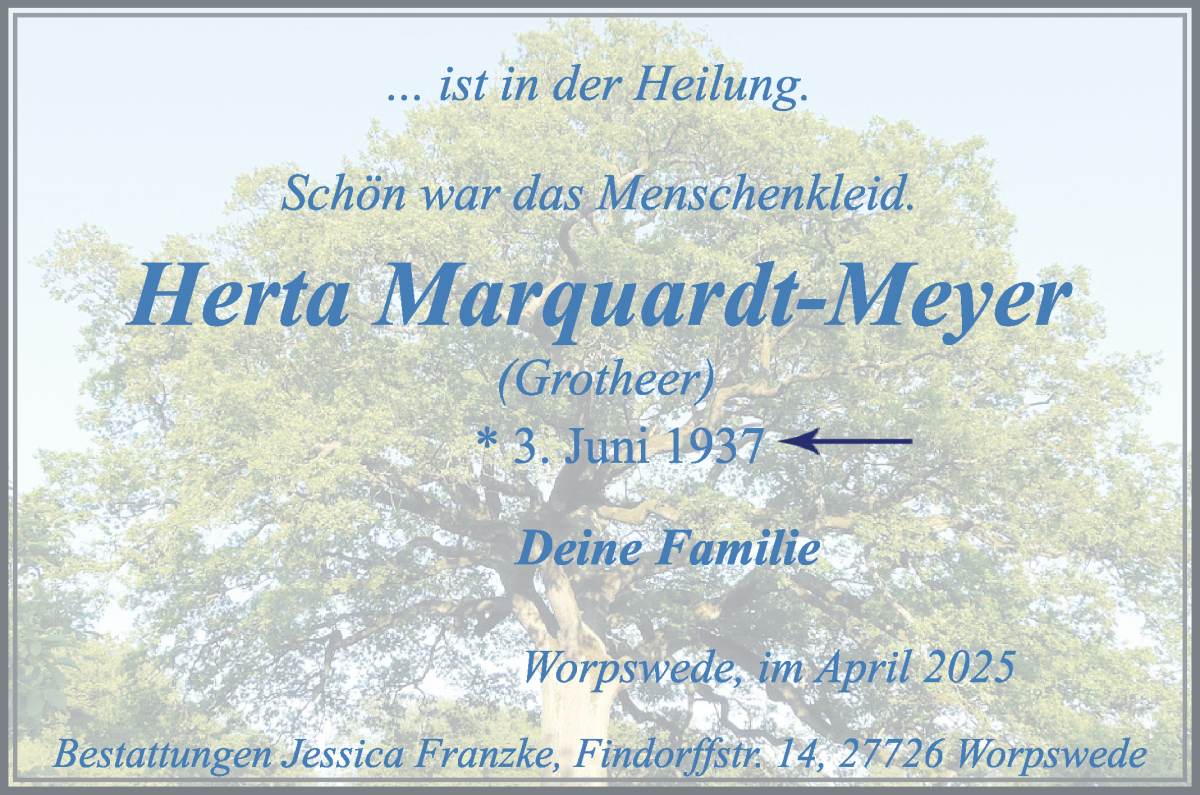 Traueranzeige von Herta Marquardt-Meyer von Wuemme Zeitung