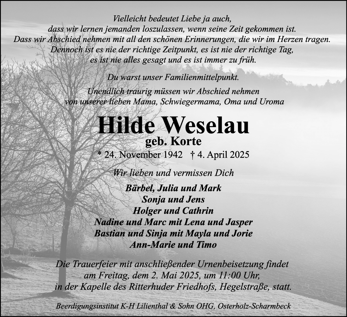 Traueranzeige von Hilde Weselau von Osterholzer Kreisblatt