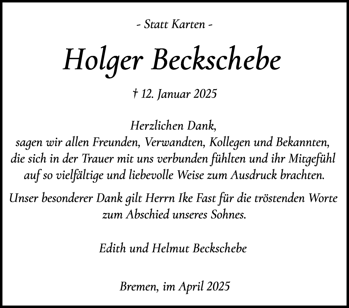 Traueranzeige von Holger Beckschebe von WESER-KURIER
