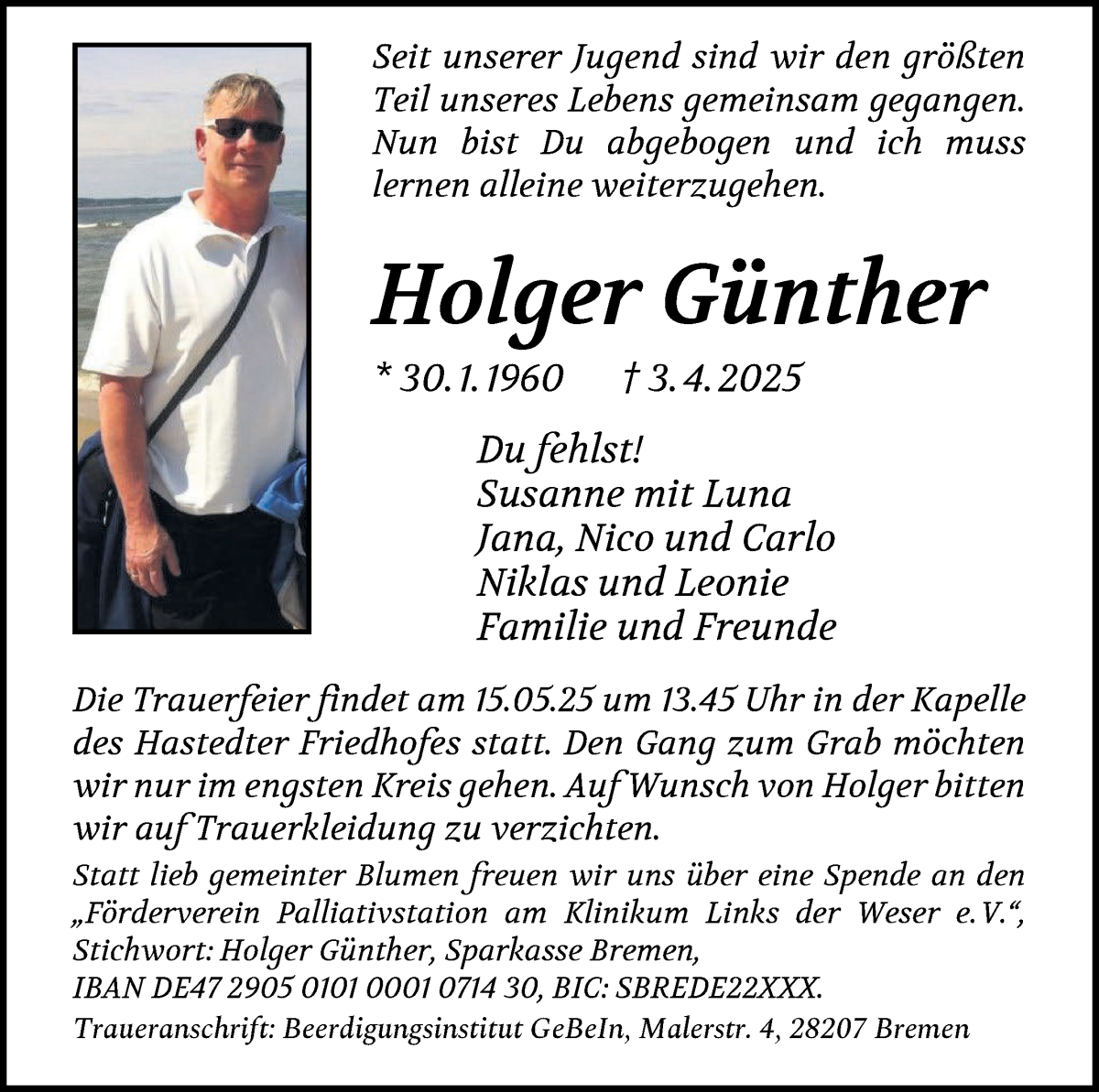 Traueranzeige von Holger Günther von WESER-KURIER