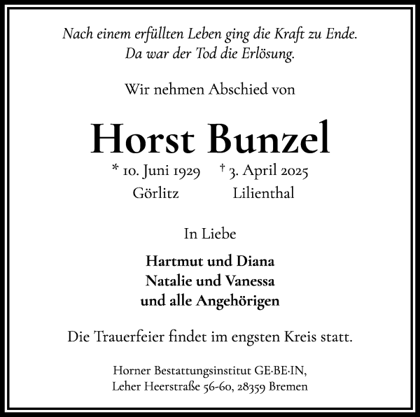 Traueranzeige von Horst Bunzel von WESER-KURIER