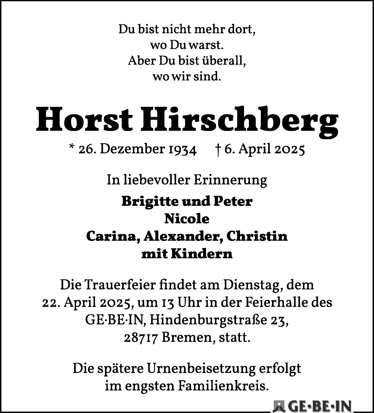 Traueranzeige von Horst Hirschberg von WESER-KURIER