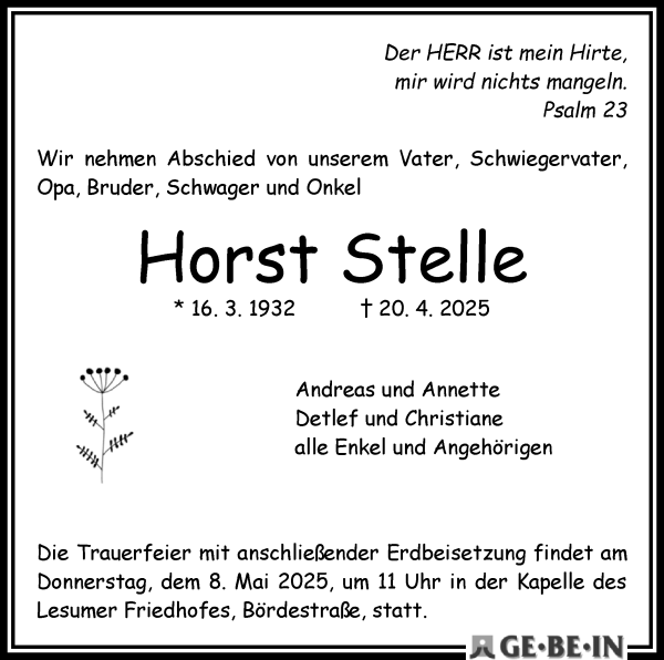 Traueranzeige von Horst Stelle von WESER-KURIER