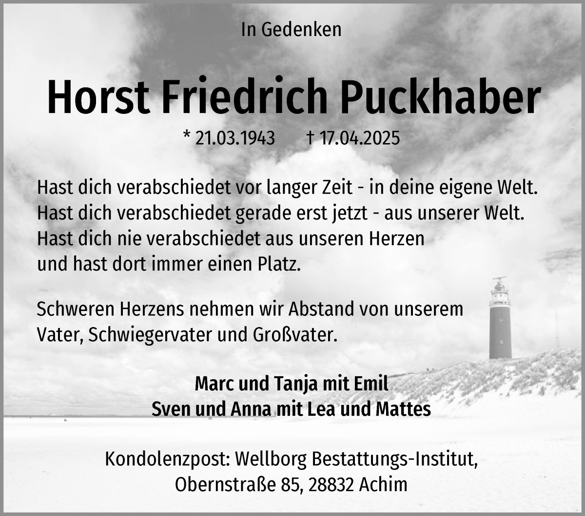 Traueranzeige von Horst Friedrich Puckhaber von Osterholzer Kreisblatt