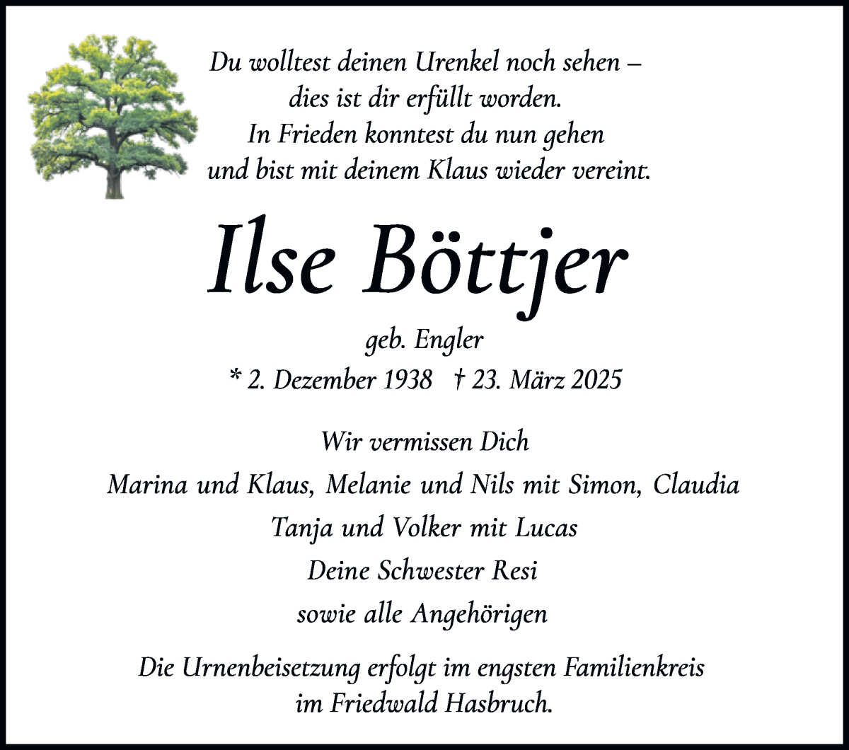 Traueranzeige von Ilse Böttjer von WESER-KURIER