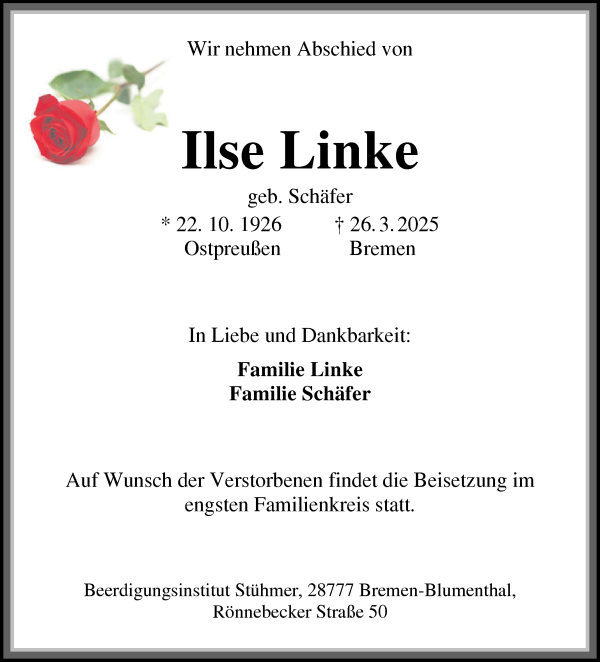 Traueranzeige von Ilse Linke von Die Norddeutsche