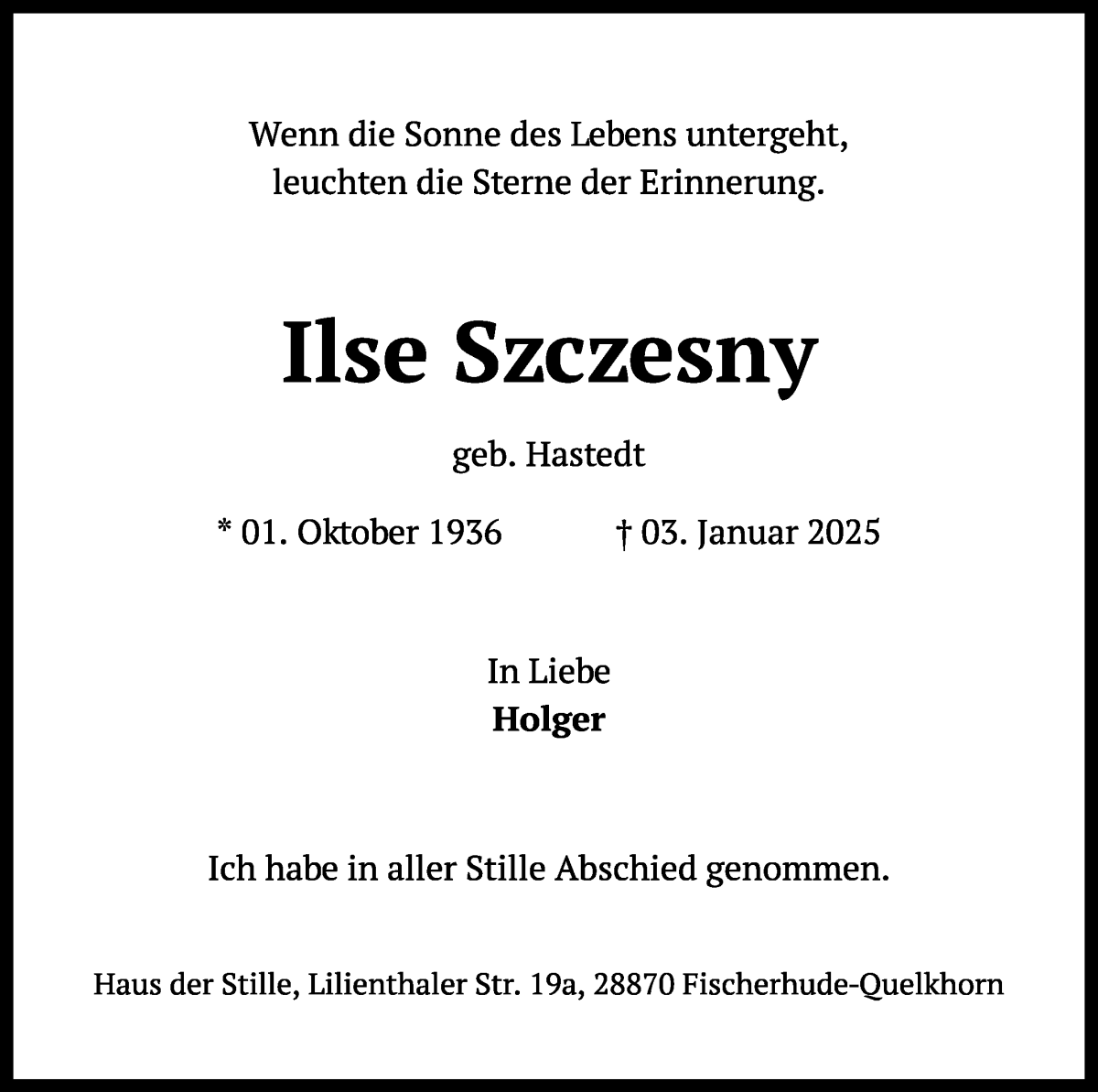 Traueranzeige von Ilse Szczesny von Wuemme Zeitung