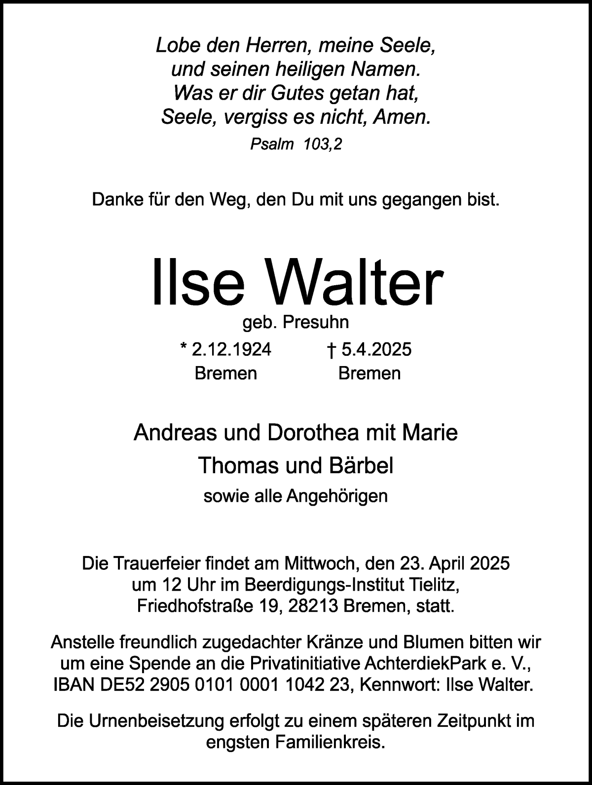 Traueranzeige von Ilse Walter von WESER-KURIER