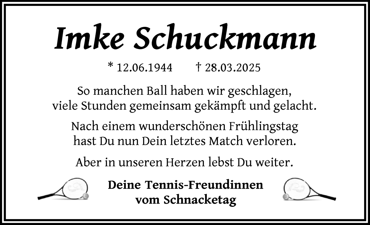 Traueranzeige von Imke Schuckmann von WESER-KURIER