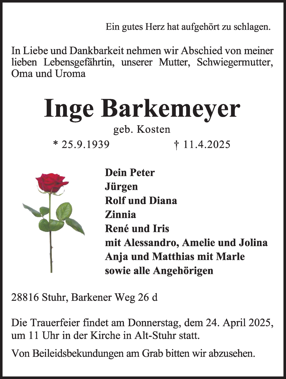 Traueranzeige von Inge Barkemeyer von Regionale Rundschau/Syker Kurier