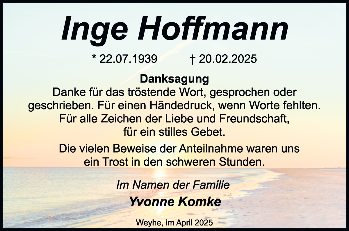 Traueranzeige von Inge Hoffmann von Regionale Rundschau/Syker Kurier