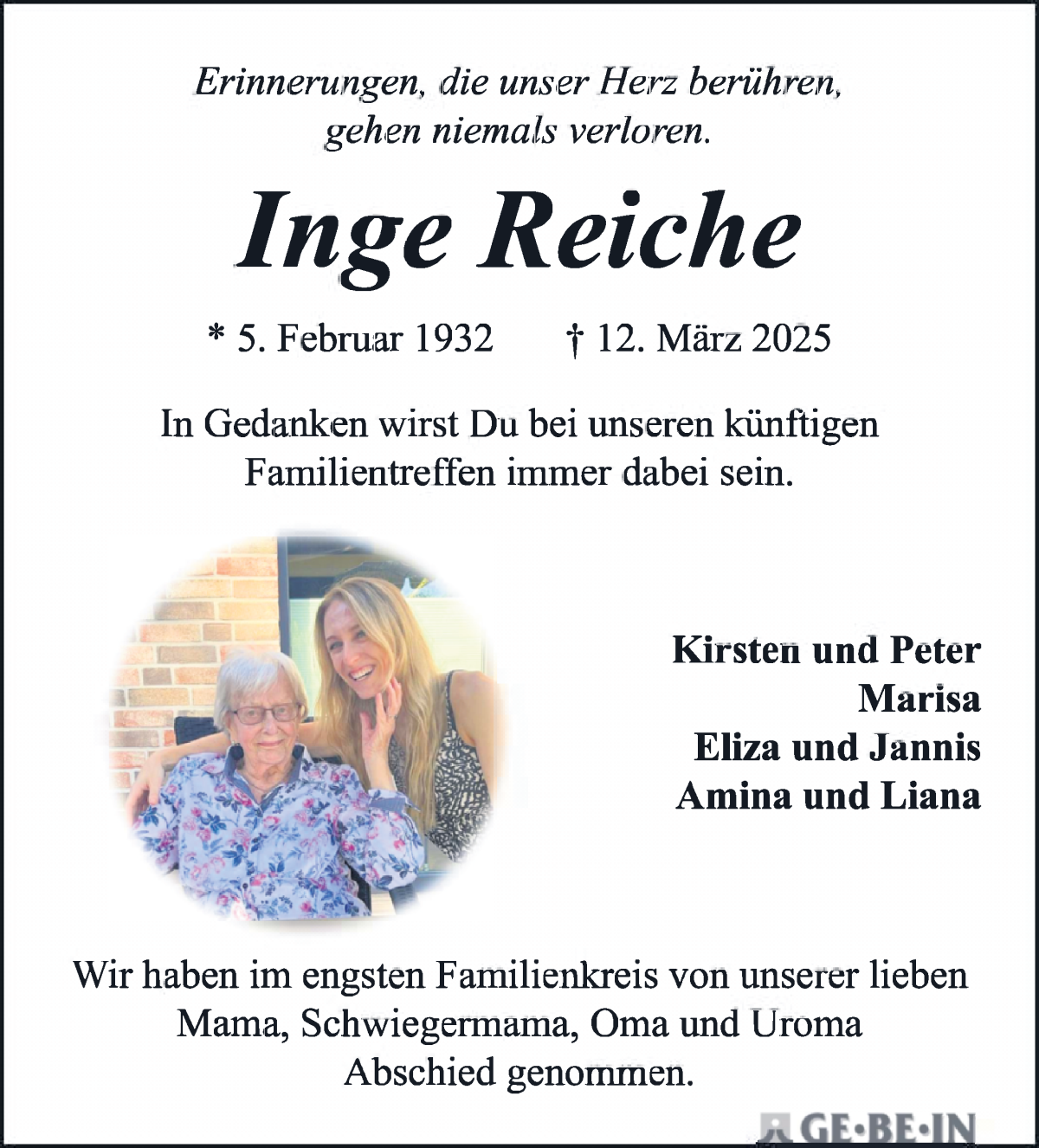 Traueranzeige von Inge Reiche von Die Norddeutsche