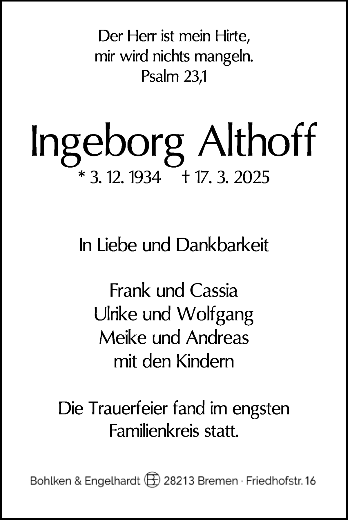 Traueranzeige von Ingeborg Althoff von WESER-KURIER