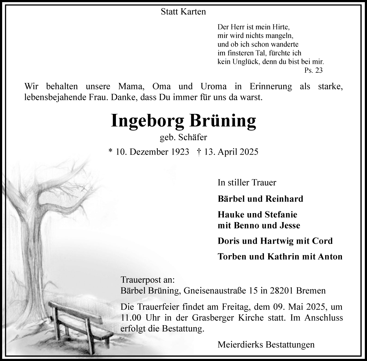 Traueranzeige von Ingeborg Brüning von Wuemme Zeitung