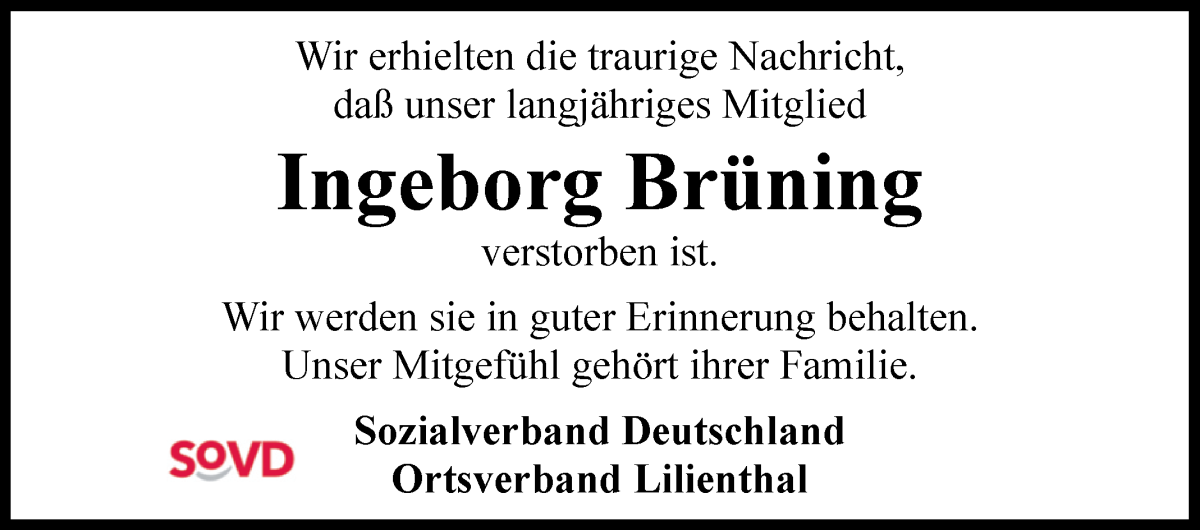Traueranzeige von Ingeborg Brüning von Wuemme Zeitung