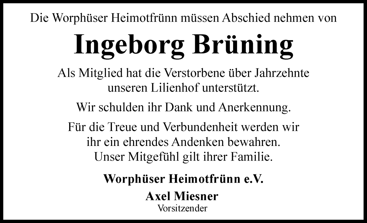 Traueranzeige von Ingeborg Brüning von Wuemme Zeitung