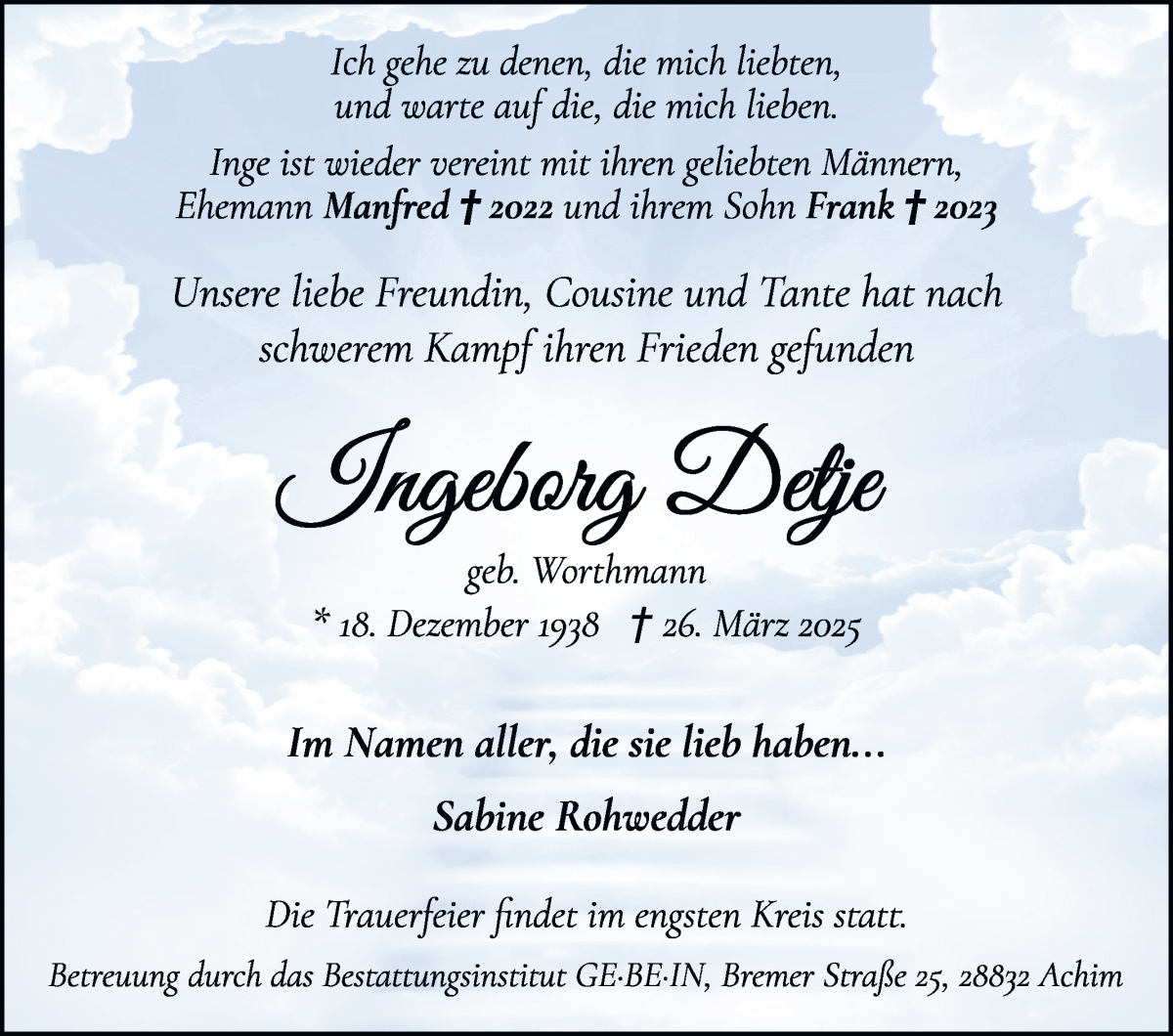 Traueranzeige von Ingeborg Detje von WESER-KURIER