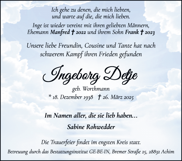Traueranzeige von Ingeborg Detje von WESER-KURIER