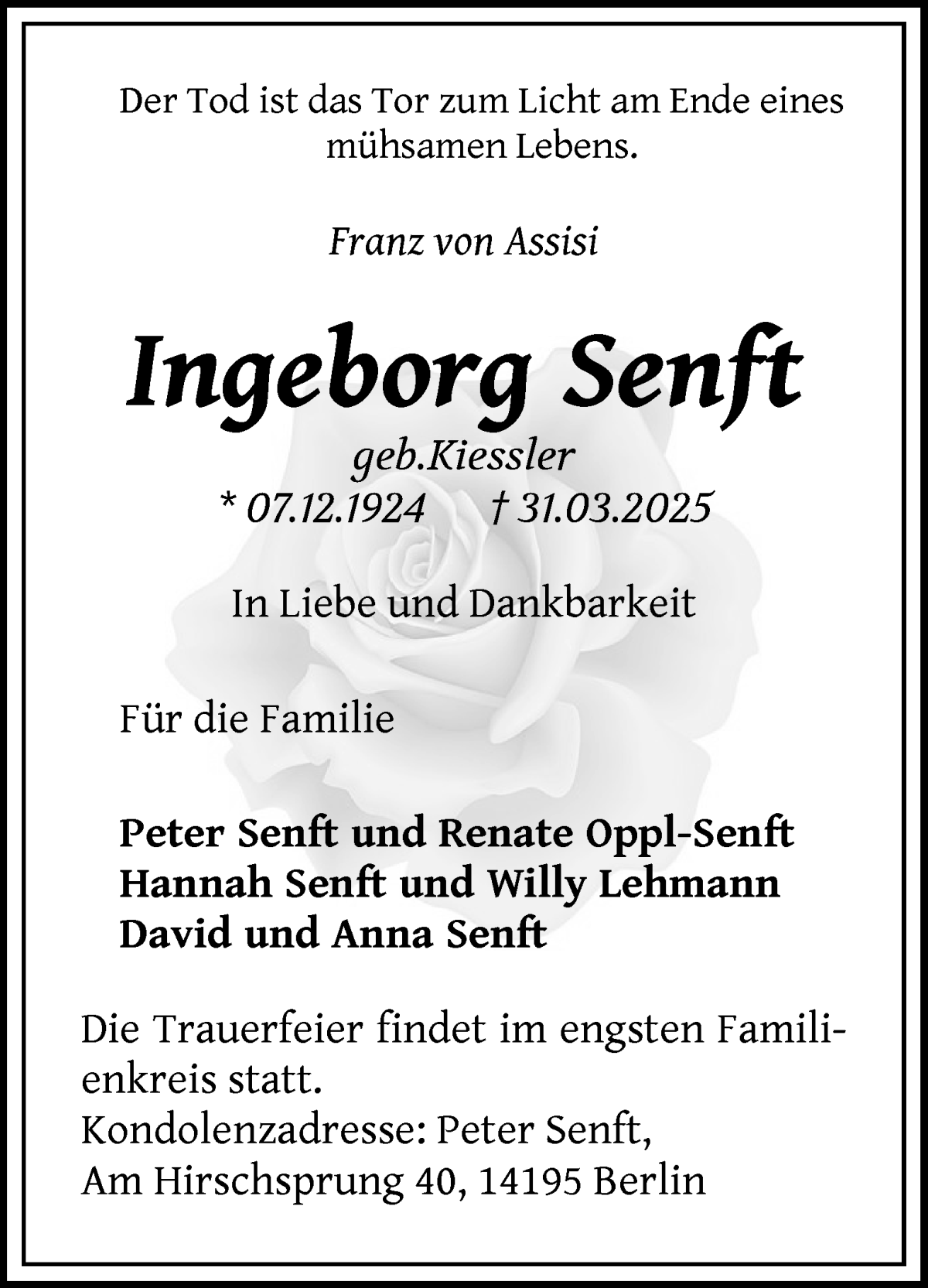 Traueranzeige von Ingeborg Senft von WESER-KURIER