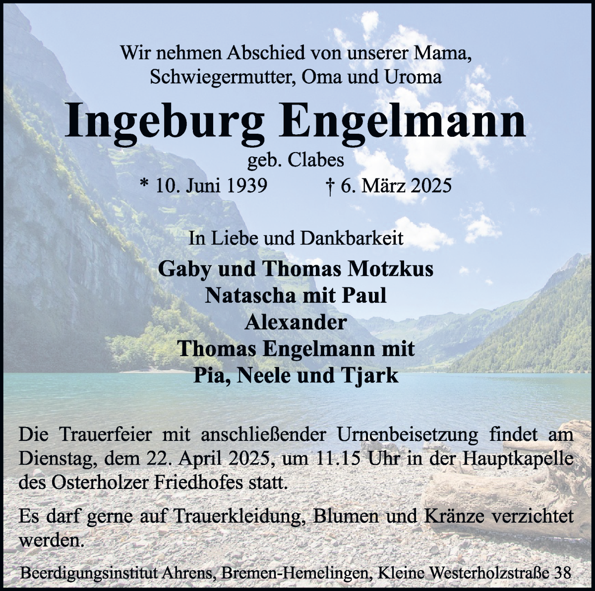 Traueranzeige von Ingeburg Engelmann von WESER-KURIER