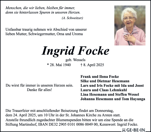 Traueranzeige von Ingrid Focke von WESER-KURIER